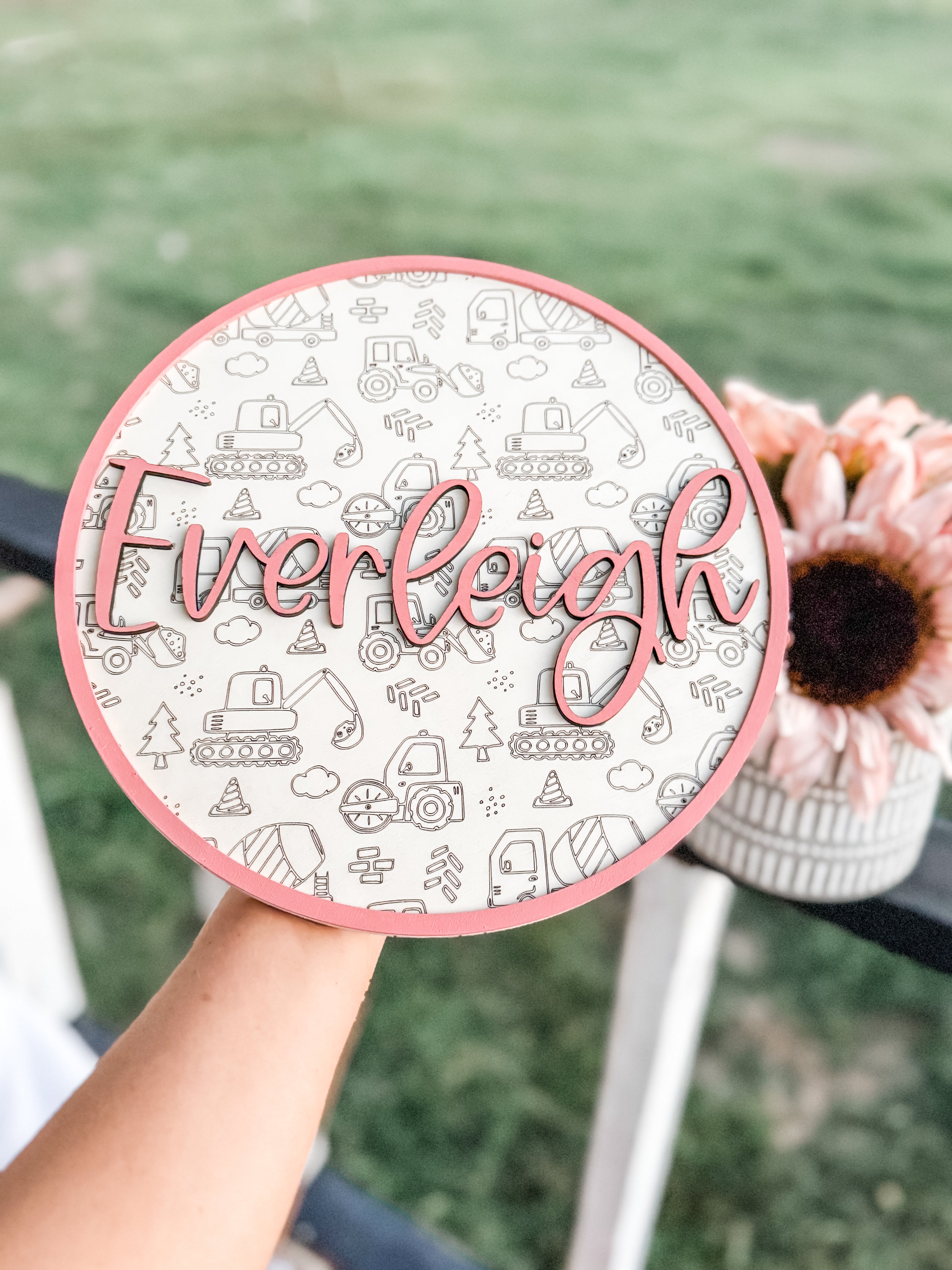 Wooden Baby Name Signs | Nursery Decor Excavator | Handmade Gifts | Baby Name Circle | Birth Announcement | 3D Construction Sign - EllaLaine