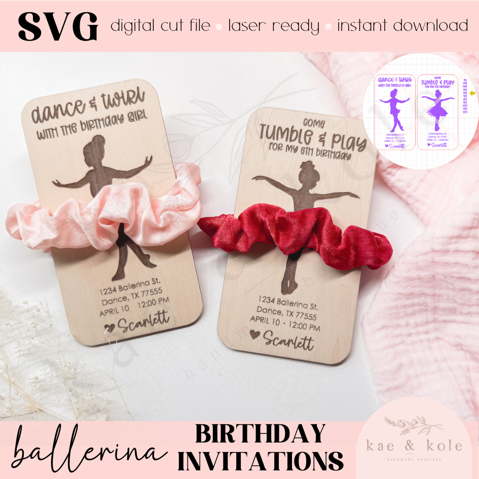 Dance Birthday Invites | Birthday Cards | Party | Baby Toddler first BDay Ballerina | Wooden Card | Scrunchie Holder Card | Party Invitation - Kae & Kole