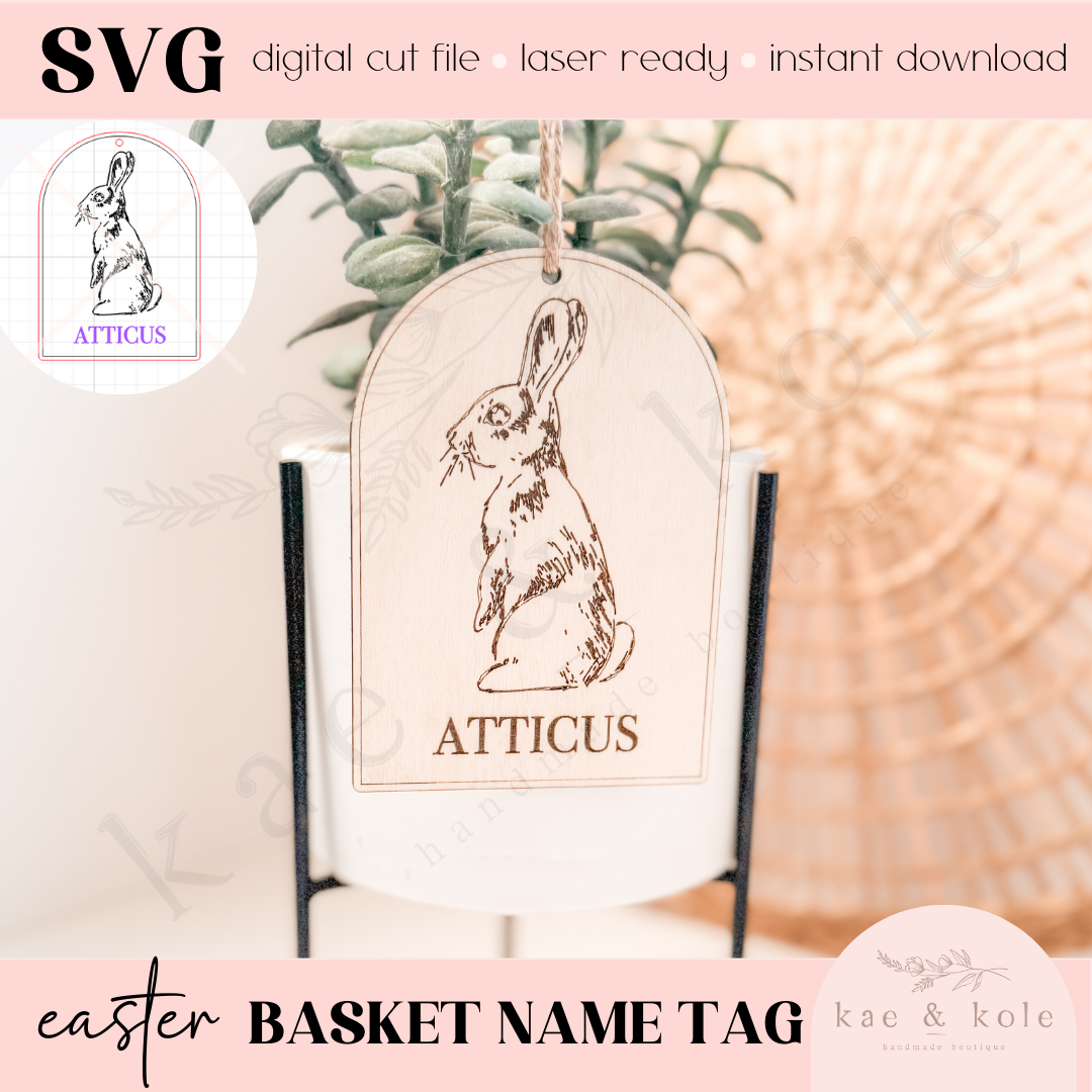 SVG Vintage Easter Tag File | Laser Engraved Cut File | Custom Wood | Sketch Bunny Xtool File | Handmade | Easter Basket Decor | Kids Name - Kae & Kole
