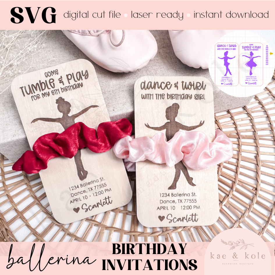 Dance Birthday Invites | Birthday Cards | Party | Baby Toddler first BDay Ballerina | Wooden Card | Scrunchie Holder Card | Party Invitation - Kae & Kole