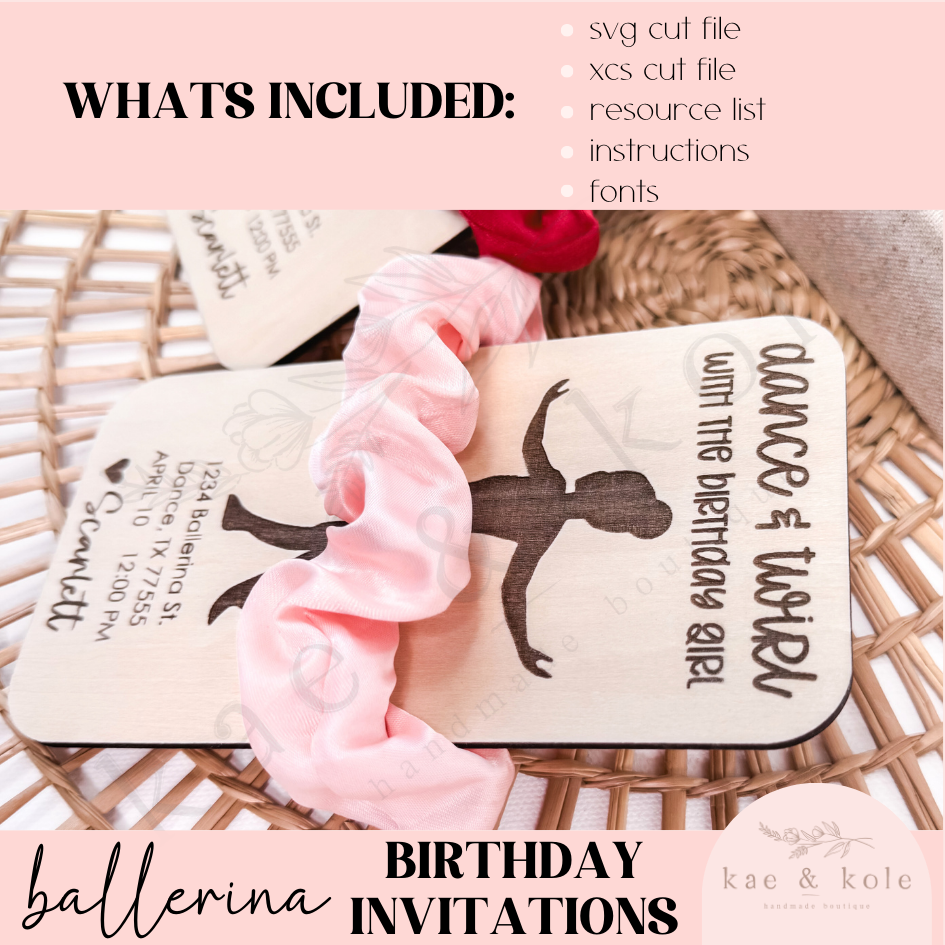 Dance Birthday Invites | Birthday Cards | Party | Baby Toddler first BDay Ballerina | Wooden Card | Scrunchie Holder Card | Party Invitation - Kae & Kole