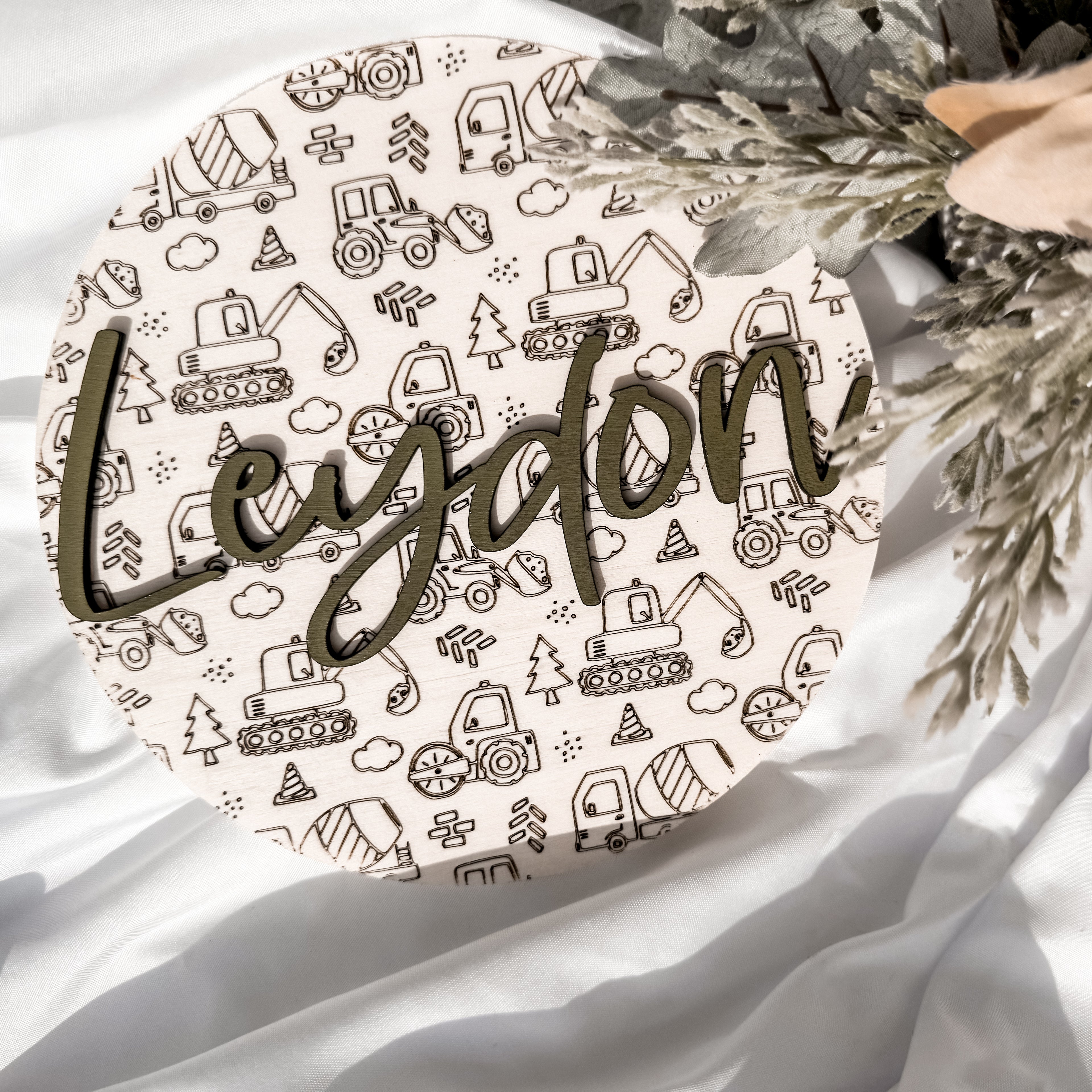 Wooden Baby Name Signs | Nursery Decor Excavator | Handmade Gifts | Baby Name Circle | Birth Announcement | 3D Construction Sign - EllaLaine