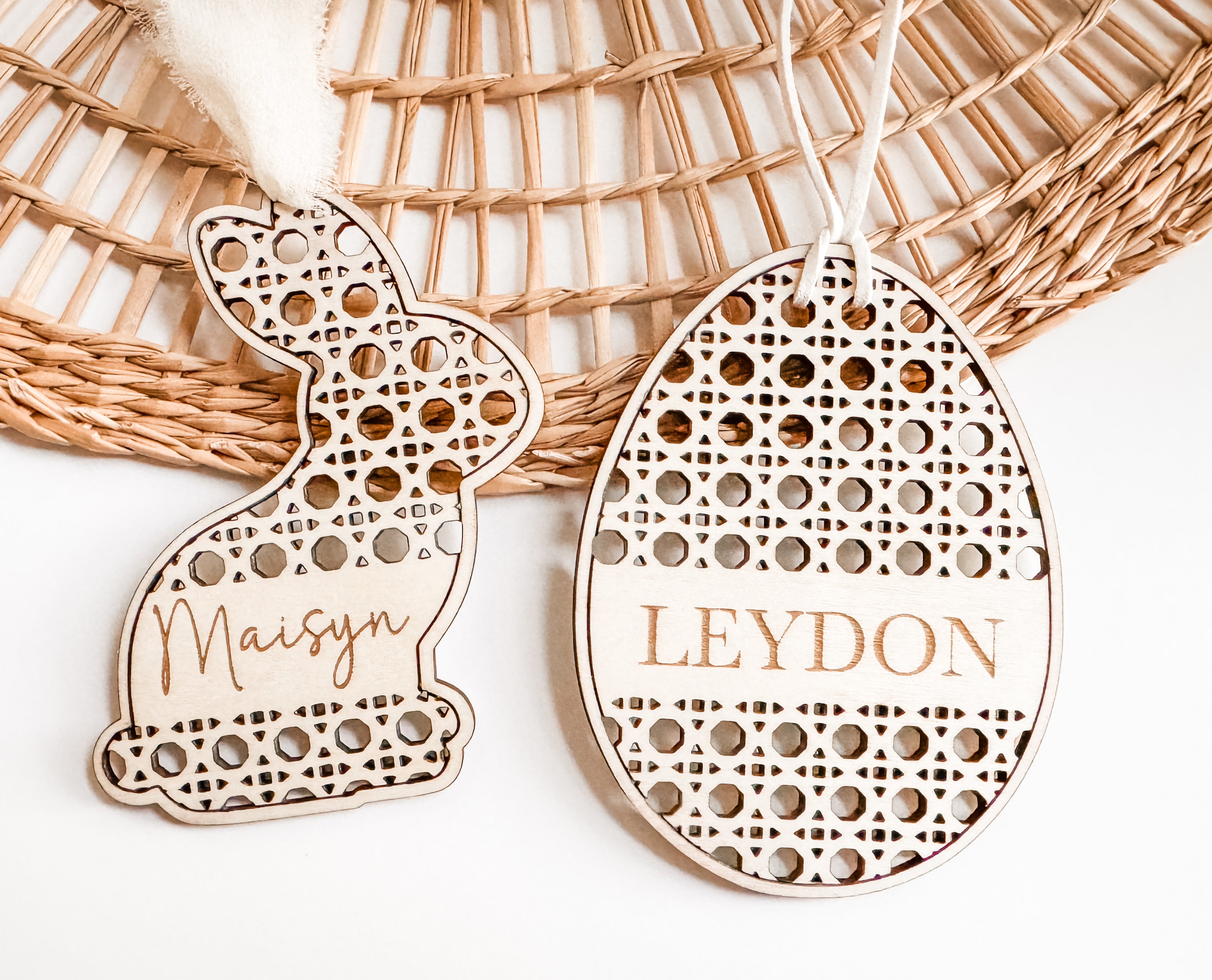 Custom Wooden Easter Tags | Basket Decor | Rattan Design Bunny Egg | Handmade Gifts | Name Tags - EllaLaine