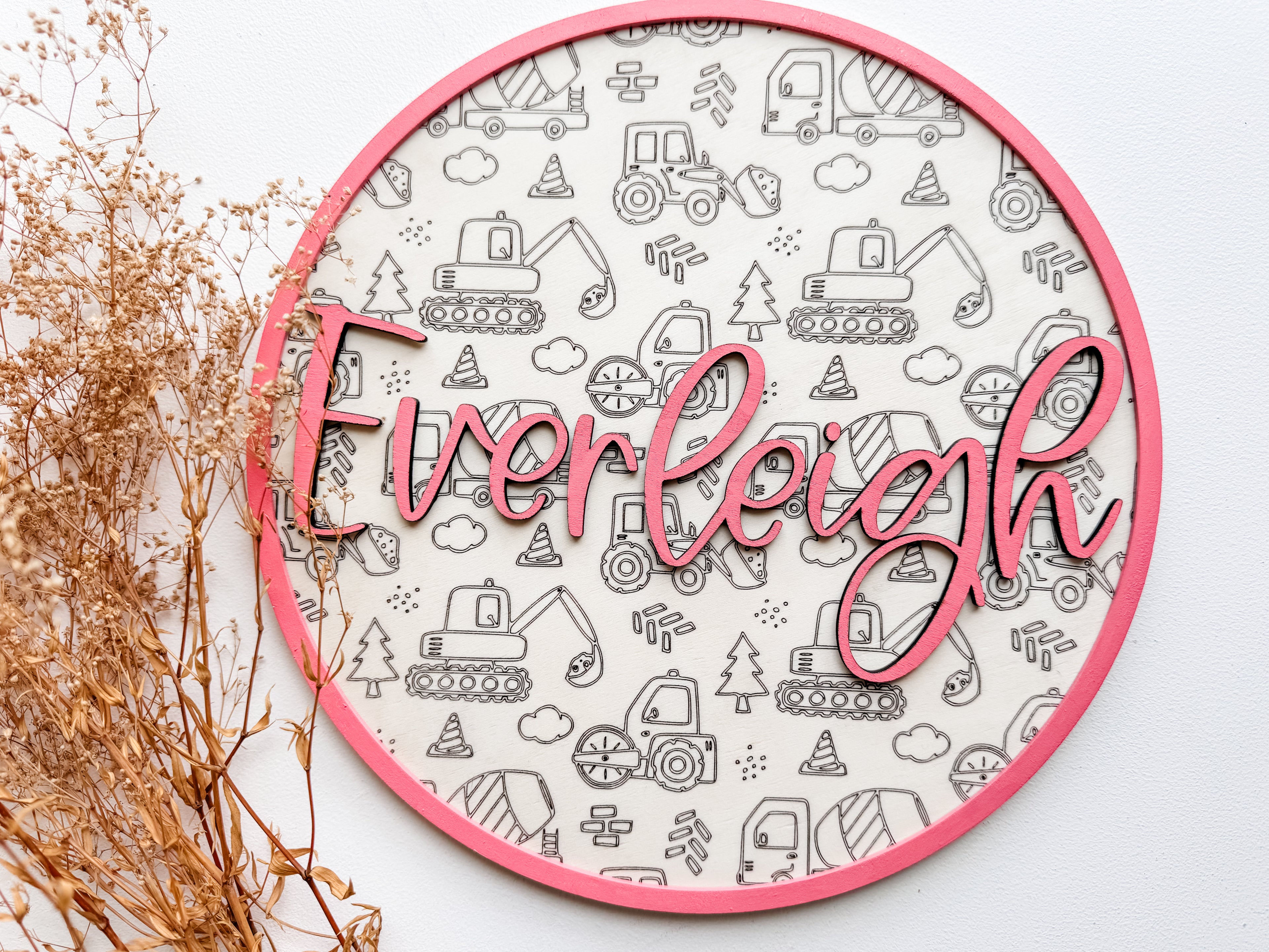 Wooden Baby Name Signs | Nursery Decor Excavator | Handmade Gifts | Baby Name Circle | Birth Announcement | 3D Construction Sign - EllaLaine