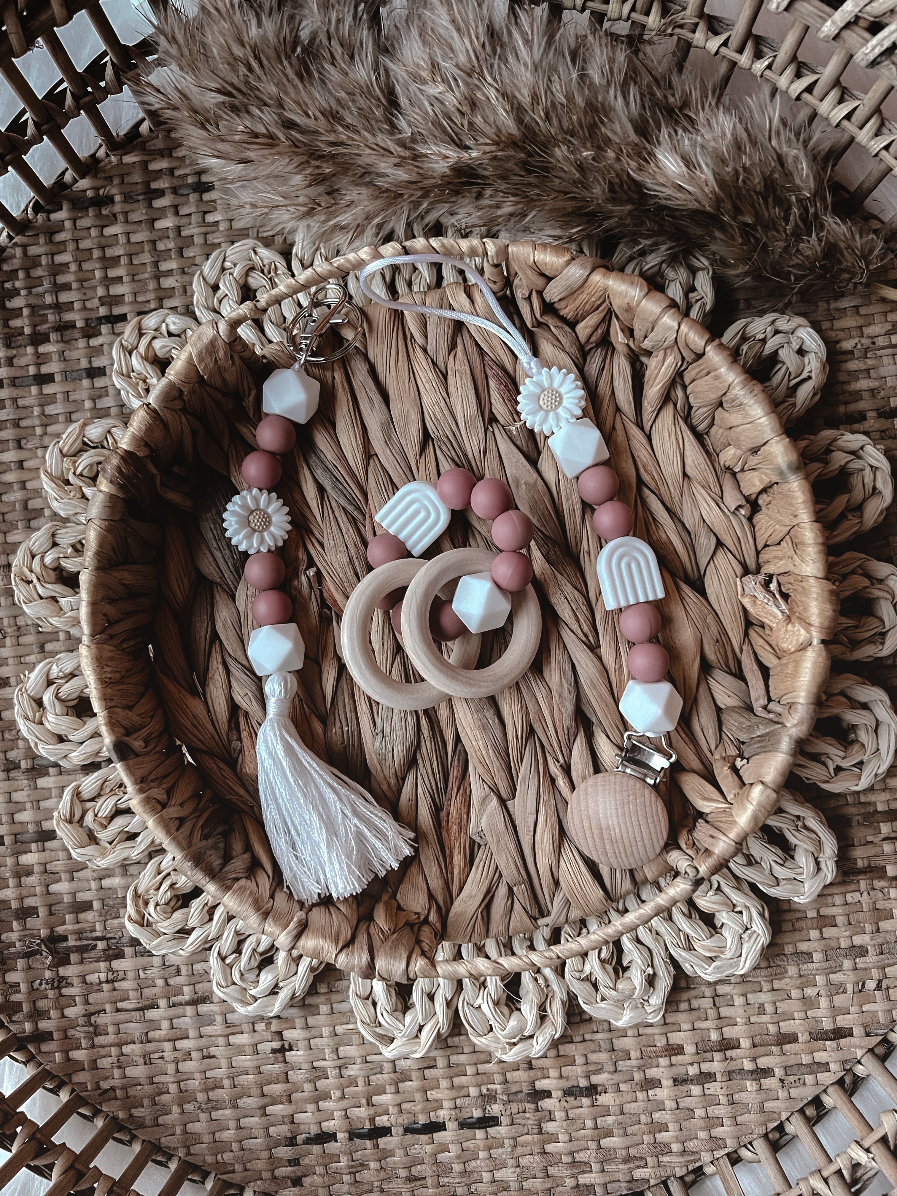 3pc Boho Mauve Pacifier Clip Gift Set - EllaLaine