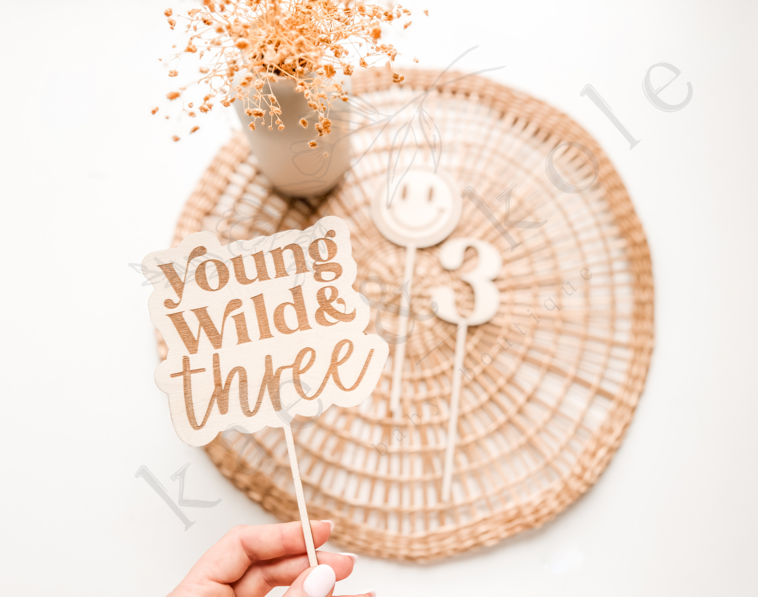 3pc Wooden Cake Topper Set | Birthday Party Decor | Baby Toddler first BDay Cake Toppers | Cupcake Decor | Young Wild &amp; Three Wooden Stake - EllaLaine