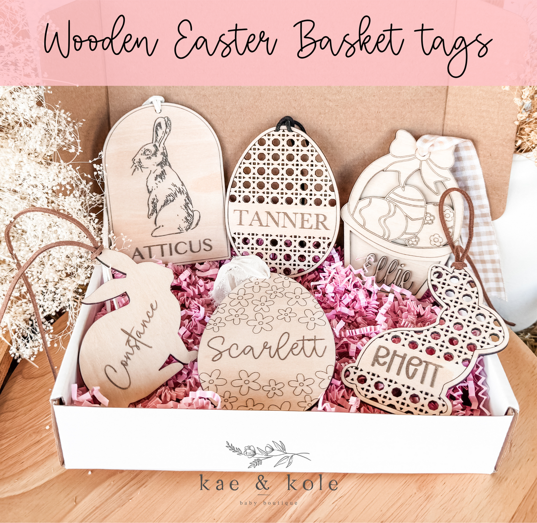 Custom Wooden Easter Tags | Basket Decor | Rattan Design Bunny Egg | Handmade Gifts | Name Tags - EllaLaine