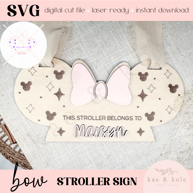 SVG Bow Stroller Sign File | XTool Laser Cut File | Wood XCS | Kids Xtool | Handmade Birthday Gift | Baby Decor Digital Download | Mouse - Kae &amp; Kole