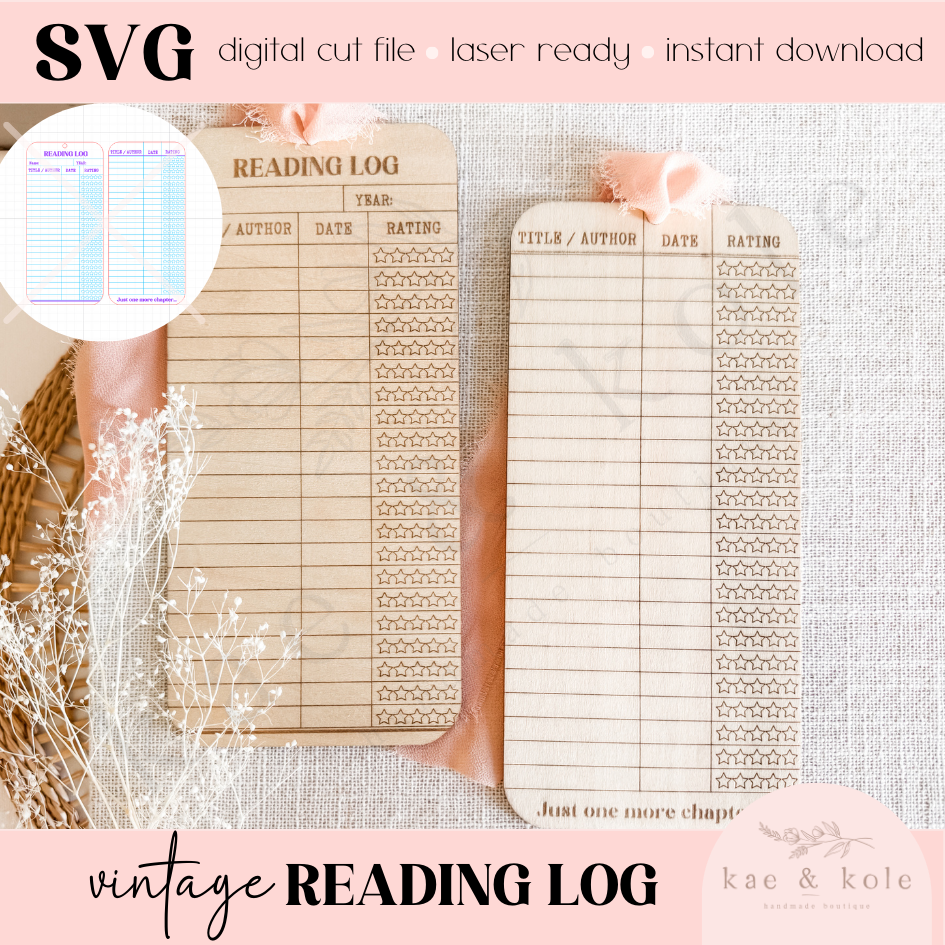 SVG Vintage Reading Log File | Laser Engraved Cut File | Custom Wood | Library Gift File | Handmade | Book Worm | Double Sided | Bookmark