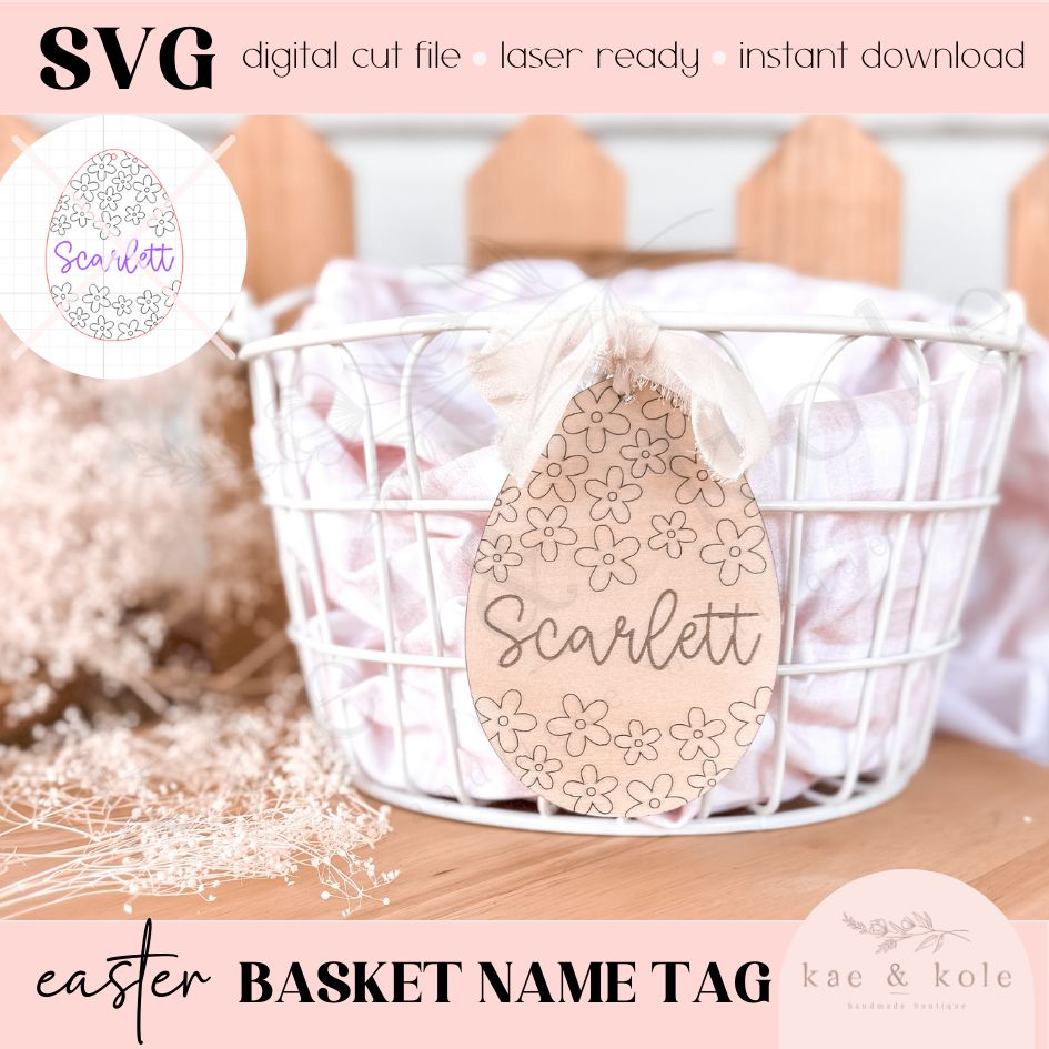 SVG Daisy Easter Tag File | Laser Engraved Cut File | Custom Wood | Floral Xtool File | Handmade | Easter Basket Decor | Kids Name | Custom