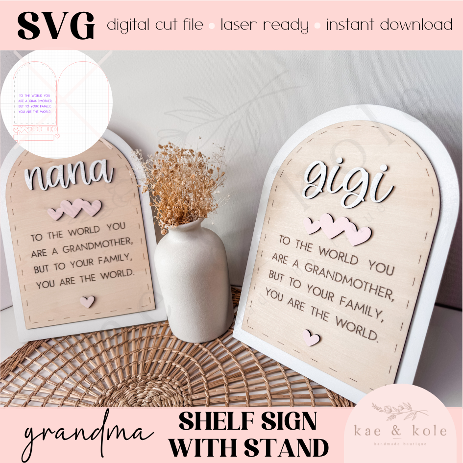 SVG Grandma Arch Sign File | Laser Engraved Cut File | Stitch Wood | Shelf Decor Xtool File | Handmade | With Stand | Mothers Day Gift