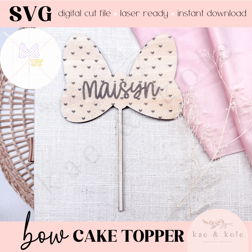 SVG Bow Cake Topper File | XTool Laser Cut File | Wood XCS | Kids Xtool | Handmade Birthday Gift | Party Decor Digital Download | Mouse Cake - Kae &amp; Kole