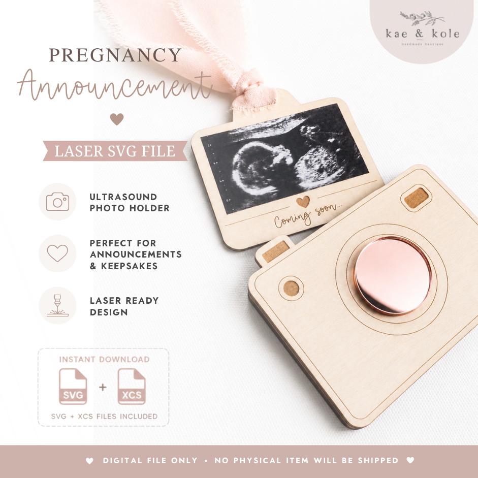 Pregnancy Announcement SVG – Laser-Cut Wood Camera for Ultrasound Picture Surprise