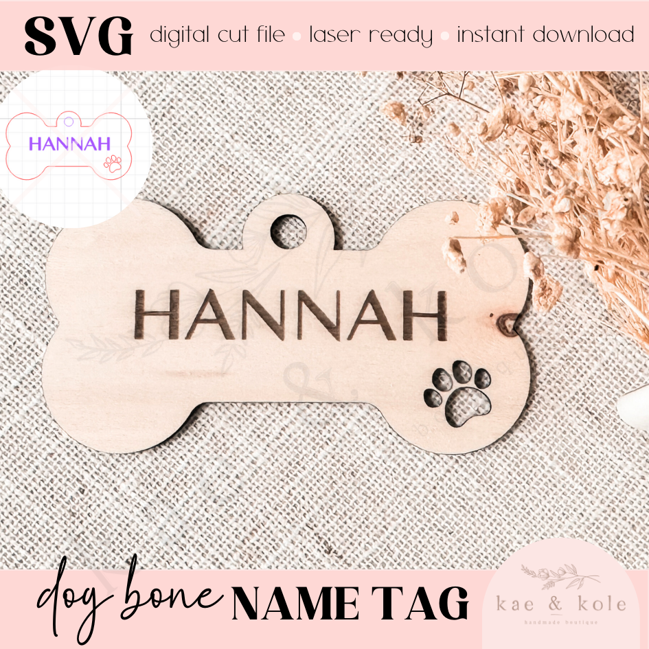 SVG Dog Bone Tag File | Laser Engraved Cut File | Custom Wood | Stocking Tag Xtool File | Handmade | Dog Bone Decor | Pet Name