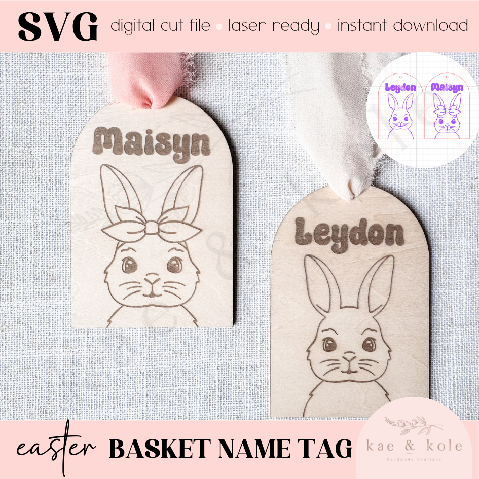 SVG Bunny Easter Tag File | Laser Engraved Cut File | Custom Wood | Sketch Bunny Xtool File | Handmade | Easter Basket Decor | Kids Name