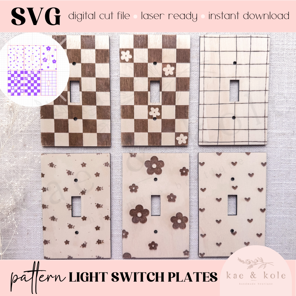SVG Light Switch Plates File | Laser Engraved Cut File | Custom Wood | Floral Xtool File | Handmade | Room Decor | Kids Checkered | DIY