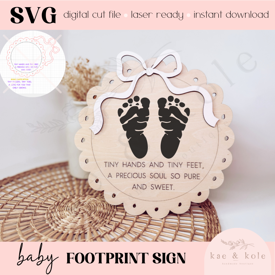 SVG Baby Hand &amp; Footprint Sign File | Laser Engraved Cut File | Newborn | Shelf Decor Xtool File | Handmade Gift | Coquette Bow Pink