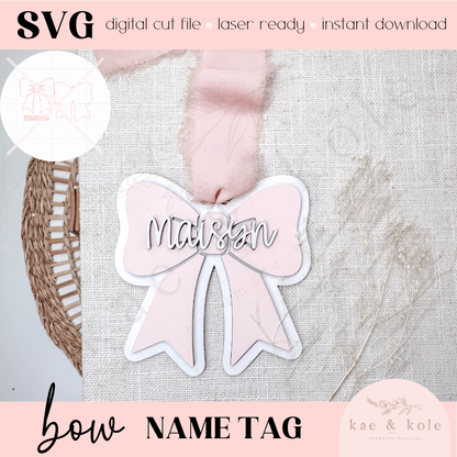 SVG Name Tag Bow File | XTool Laser Cut File | Wood XCS | Kids Xtool | Handmade Back to School Gift | Keychain Digital Download | Basket Tag - Kae &amp; Kole