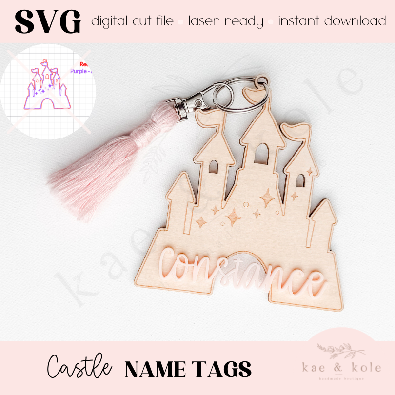 Castle Tag Keychain SVG – Laser-Cut Wood or Acrylic Princess Design for Backpack or Basket