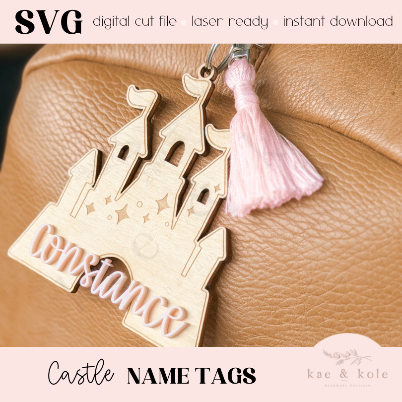 Castle Tag Keychain SVG – Laser-Cut Wood or Acrylic Princess Design for Backpack or Basket