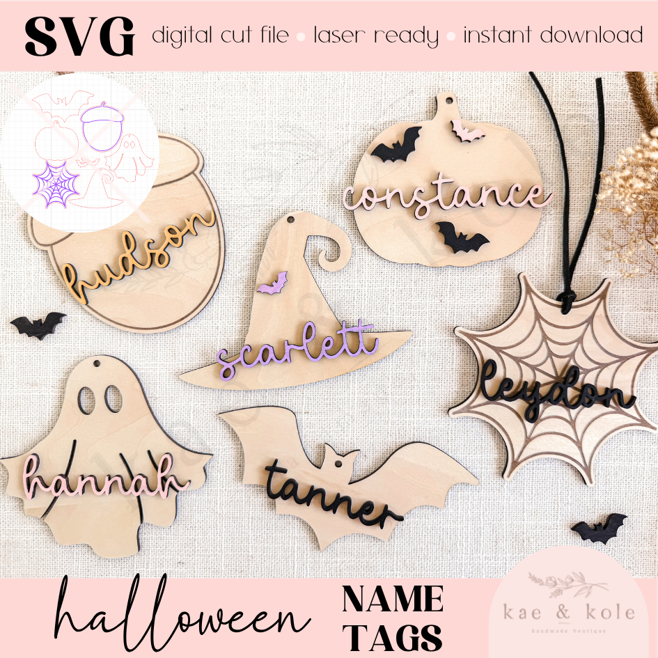 SVG Halloween Tag File | Laser Engraved Cut File | Custom Wood | Pumpkin Xtool File | Handmade | Trick or Treat Decor | Kids Name | Fall - Kae &amp; Kole