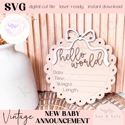 SVG Baby Birth Facts | Laser Cut File | Birthday Decor | Coquette Bow | Handmade Gifts | Prop Engraving | Keepsake | Hello World Vintage
