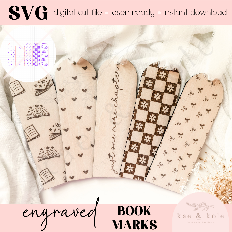 SVG Bookmark Set File | Laser Engraved Cut File | Custom Wood | Library Gift File | Handmade | Book Worm | Dainty Floral | Stocking Stuffer - Kae &amp; Kole