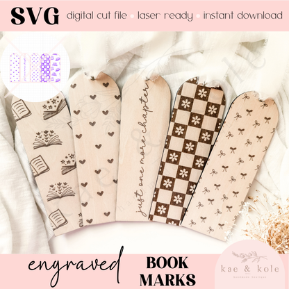 SVG Bookmark Set File | Laser Engraved Cut File | Custom Wood | Library Gift File | Handmade | Book Worm | Dainty Floral | Stocking Stuffer - Kae &amp; Kole