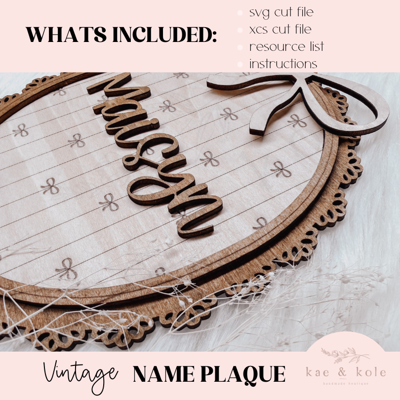 Vintage Name Plaque Sign SVG – Laser-Cut Baby Keepsake File with Bow Detail