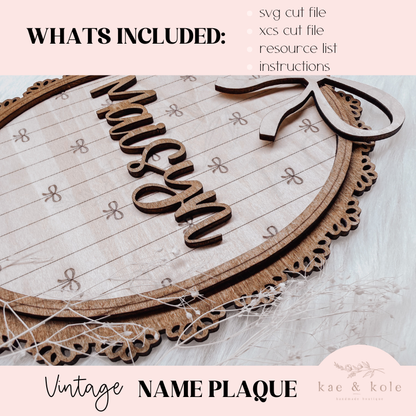Vintage Name Plaque Sign SVG – Laser-Cut Baby Keepsake File with Bow Detail