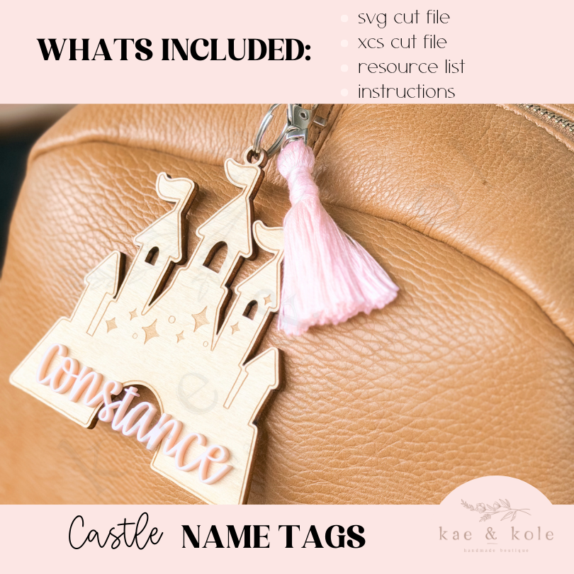 Castle Tag Keychain SVG – Laser-Cut Wood or Acrylic Princess Design for Backpack or Basket - Kae &amp; Kole