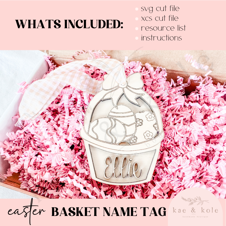 SVG Easter Egg Basket Tag File | Laser Engraved Cut File | Custom Wood | Layered Xtool File | Handmade Easter Basket Decor | Kids Name