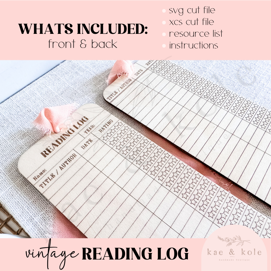 SVG Vintage Reading Log File | Laser Engraved Cut File | Custom Wood | Library Gift File | Handmade | Book Worm | Double Sided | Bookmark