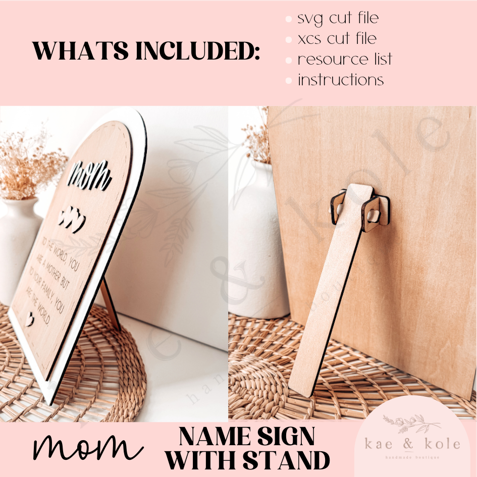 SVG Mom Arch Sign File | Laser Engraved Cut File | Stitch Wood | Shelf Decor Xtool File | Handmade | With Stand | Mothers Day Gift | Grandma