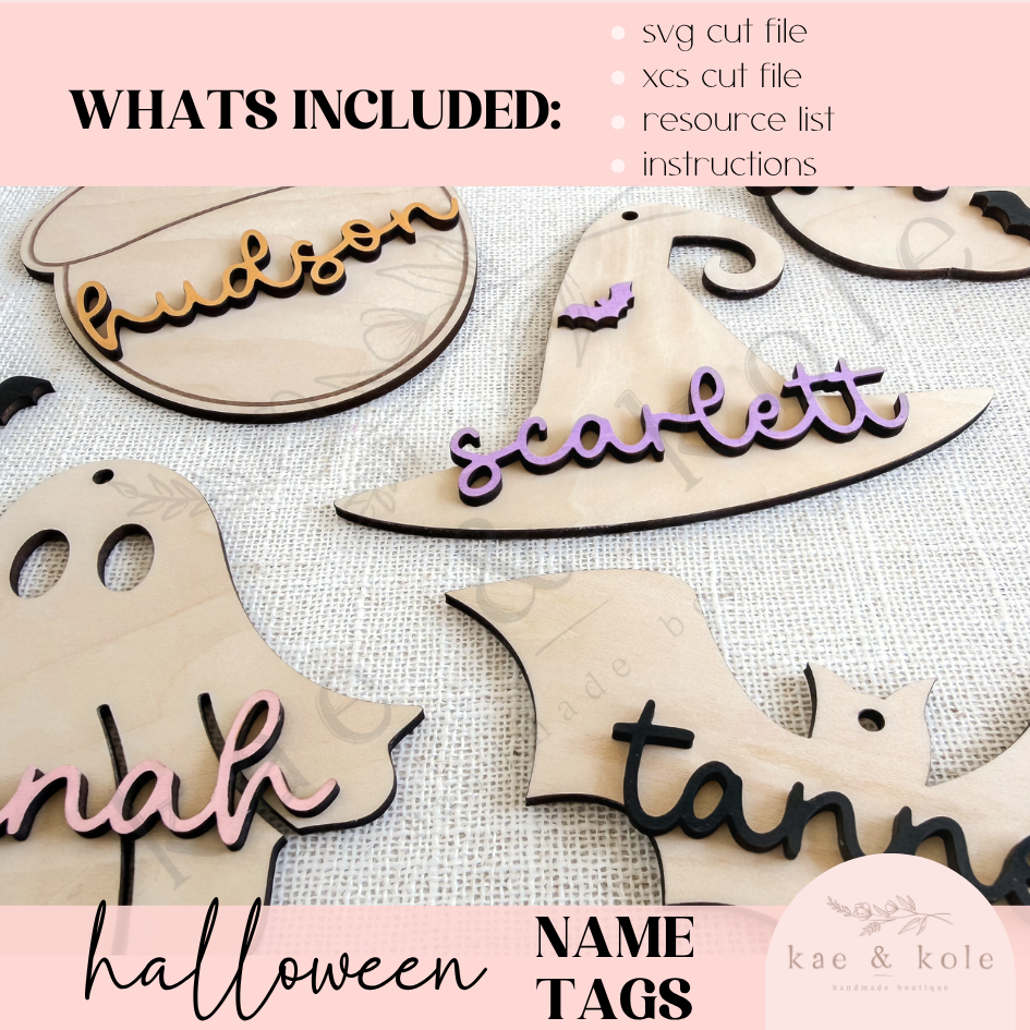 SVG Halloween Tag File | Laser Engraved Cut File | Custom Wood | Pumpkin Xtool File | Handmade | Trick or Treat Decor | Kids Name | Fall - Kae &amp; Kole