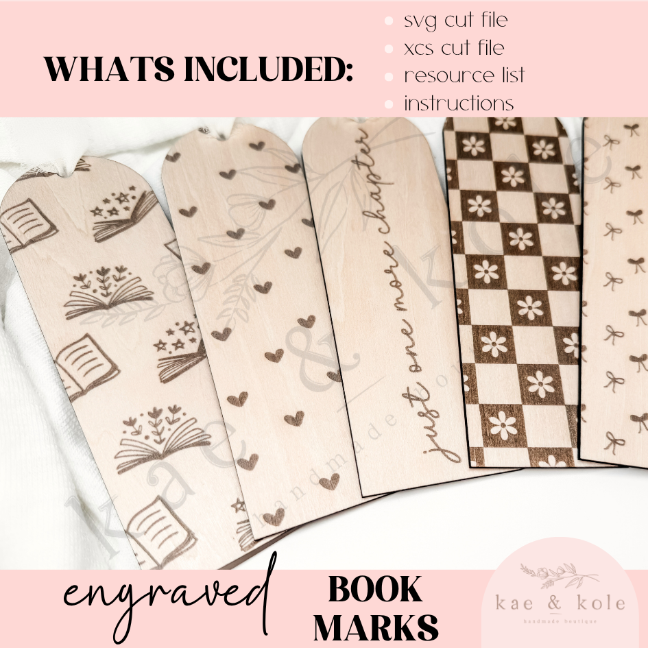 SVG Bookmark Set File | Laser Engraved Cut File | Custom Wood | Library Gift File | Handmade | Book Worm | Dainty Floral | Stocking Stuffer - Kae &amp; Kole