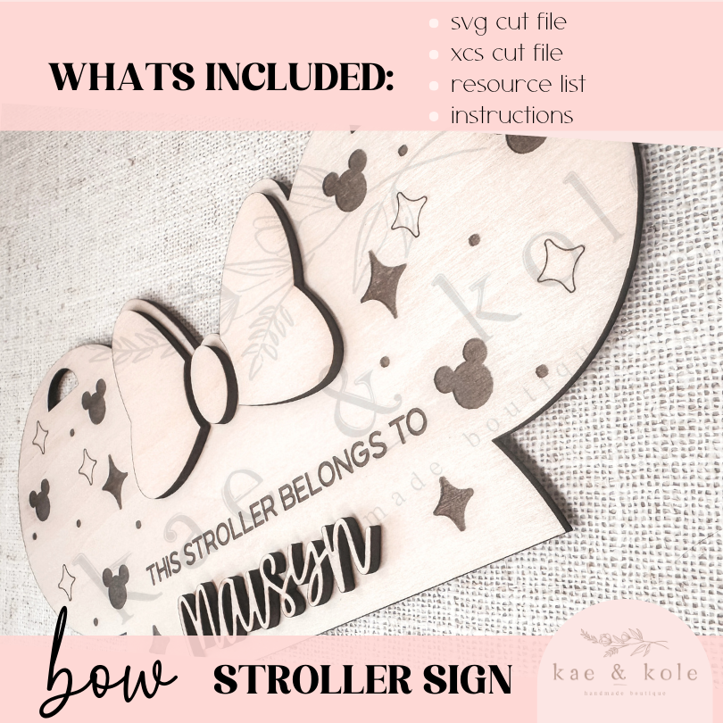SVG Bow Stroller Sign File | XTool Laser Cut File | Wood XCS | Kids Xtool | Handmade Birthday Gift | Baby Decor Digital Download | Mouse - Kae &amp; Kole