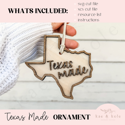 Texas Made Ornament SVG - Laser Cut File for Christmas Tree Decor