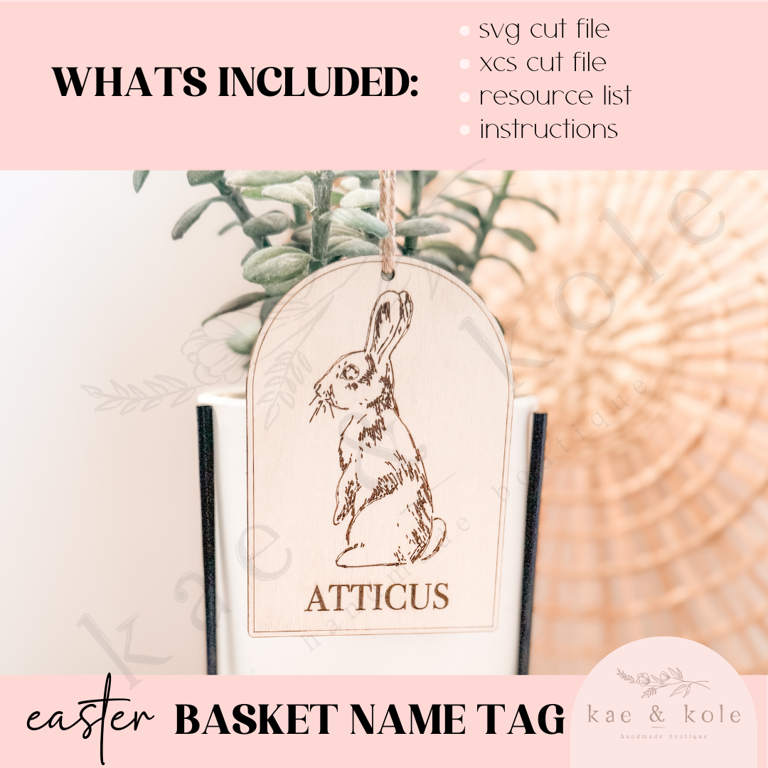 SVG Vintage Easter Tag File | Laser Engraved Cut File | Custom Wood | Sketch Bunny Xtool File | Handmade | Easter Basket Decor | Kids Name
