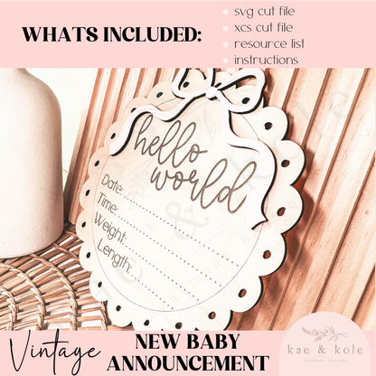 SVG Baby Birth Facts | Laser Cut File | Birthday Decor | Coquette Bow | Handmade Gifts | Prop Engraving | Keepsake | Hello World Vintage