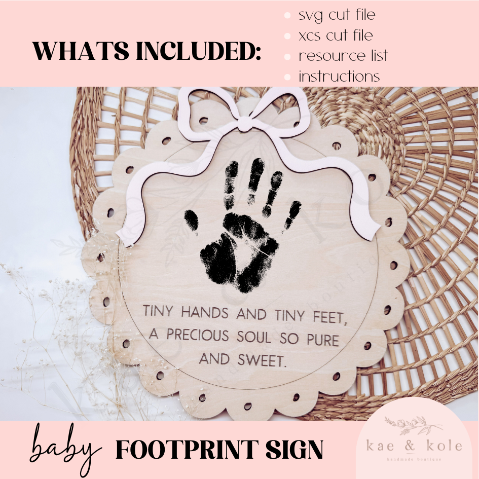SVG Baby Hand &amp; Footprint Sign File | Laser Engraved Cut File | Newborn | Shelf Decor Xtool File | Handmade Gift | Coquette Bow Pink