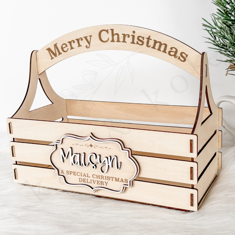 Christmas Basket SVG - Laser Cut Wooden Crate and Name Plaque