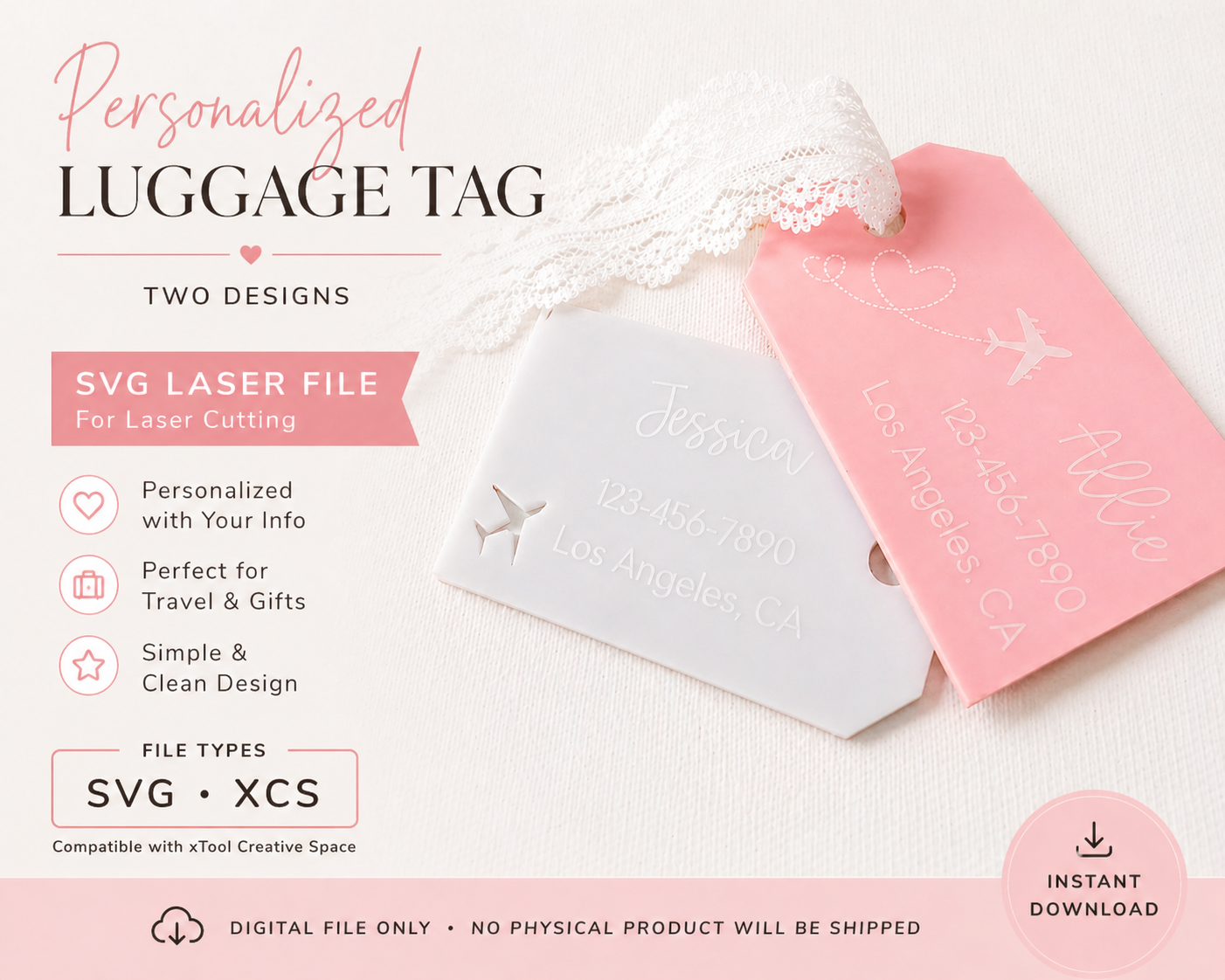 Luggage Tag SVG – Laser-Cut Wood or Acrylic Airplane Design for Suitcase and Carry-On - Kae &amp; Kole