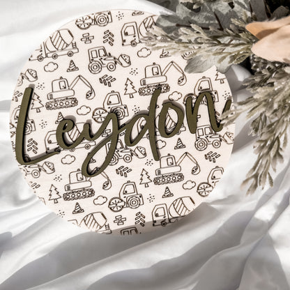 Wooden Baby Name Signs | Nursery Decor Excavator | Handmade Gifts | Baby Name Circle | Birth Announcement | 3D Construction Sign - EllaLaine