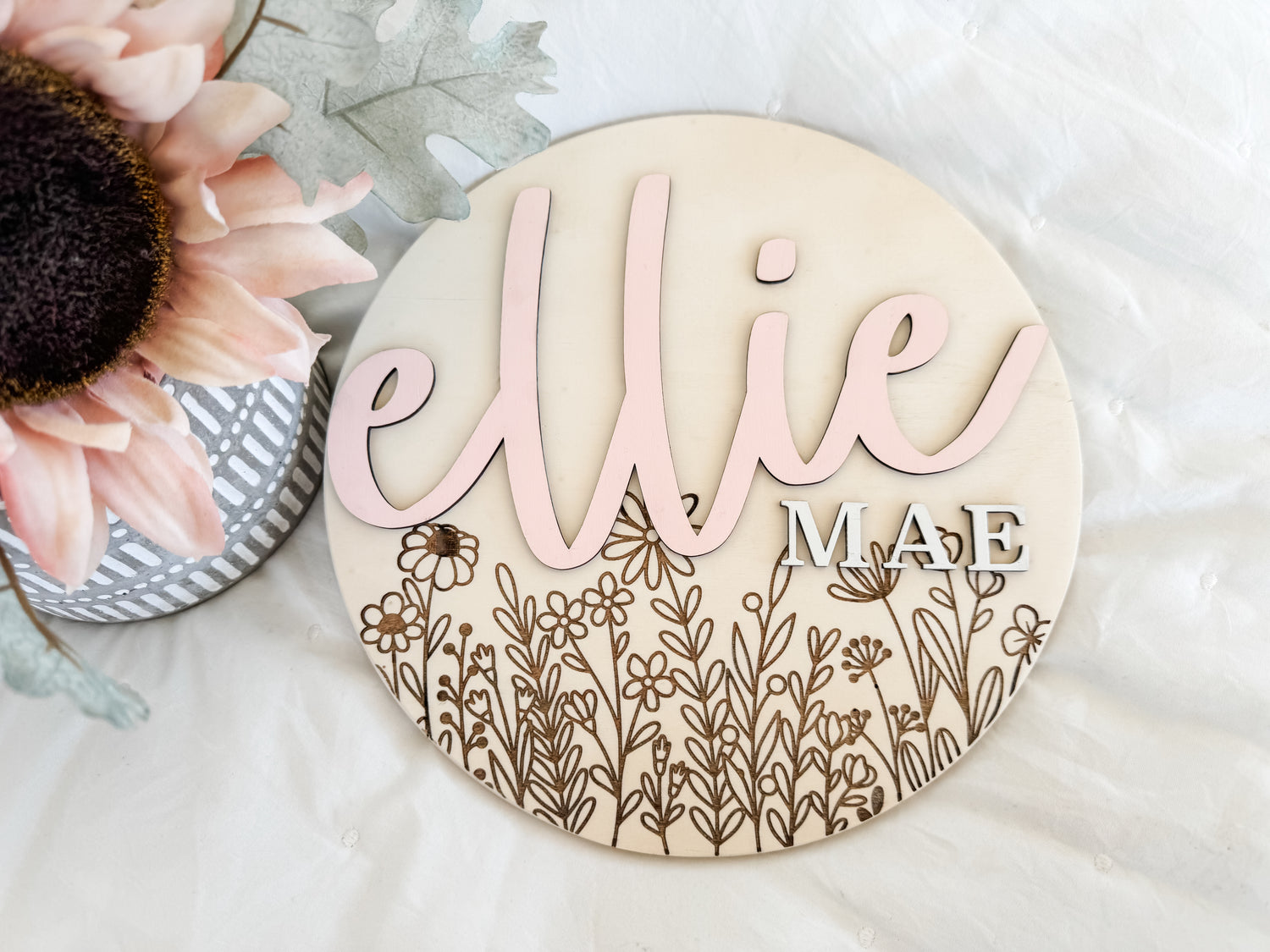 Wooden Baby Name Signs | Nursery Decor | Handmade Gifts | Baby Name Circle | Birth Announcement | 3D Wildflower Sign - EllaLaine