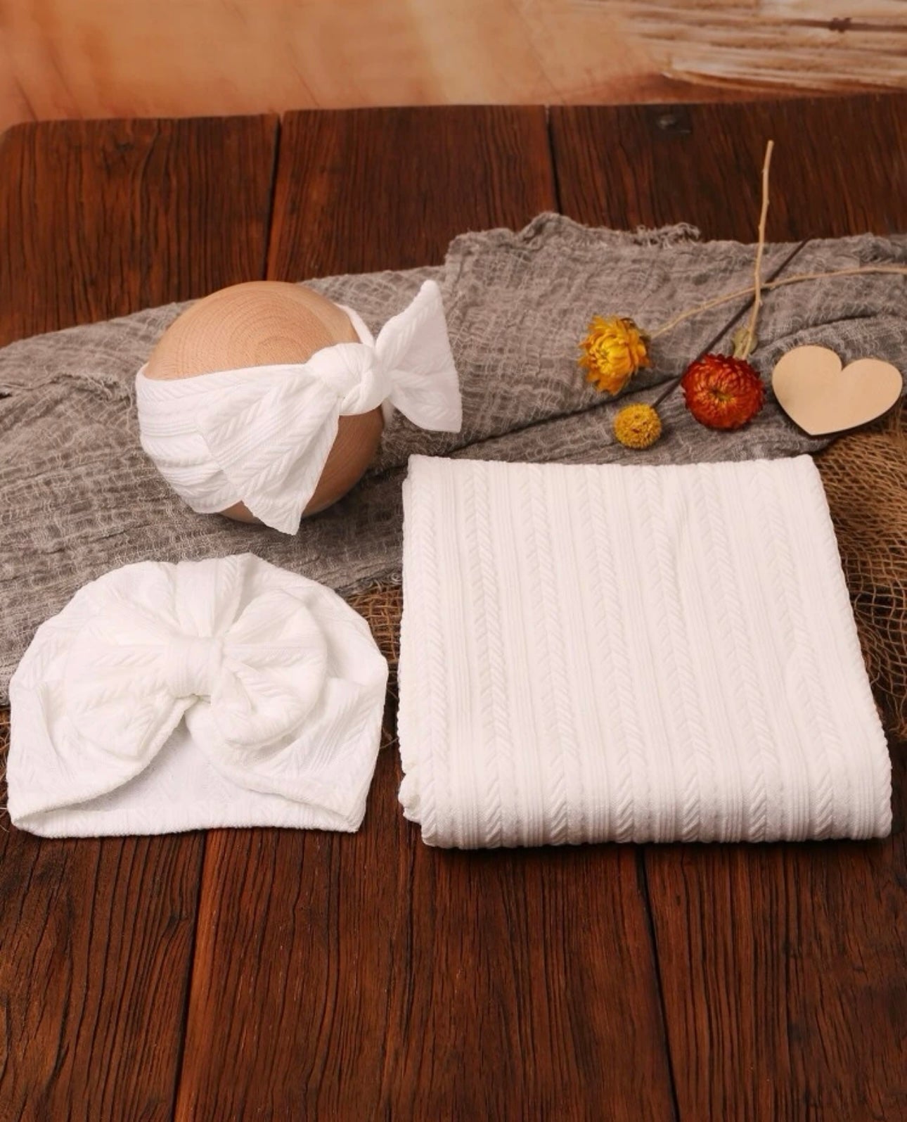 White 3pc Baby Swaddle Set | Turban Hat | Baby Headband | Swaddle Blanket - EllaLaine