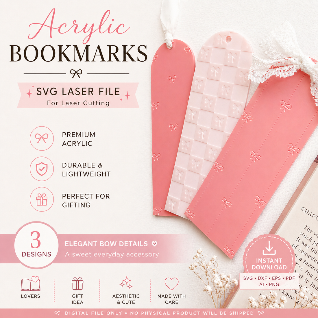 Dainty Bow Bookmark Set SVG – Laser-Engraved Acrylic for Reading