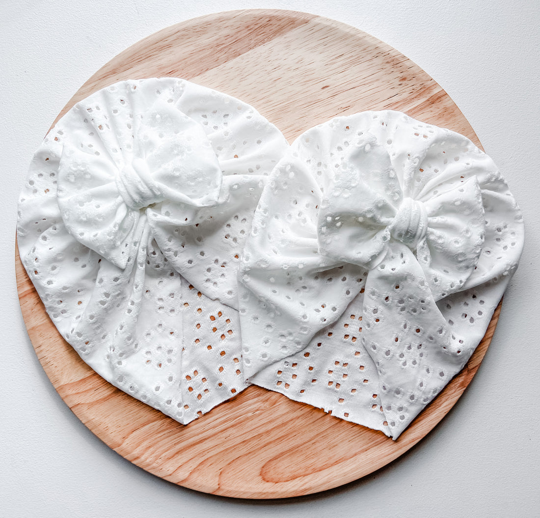 Baby Turban Bow Hat | White Cotton Lace - EllaLaine