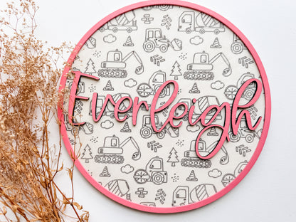 Wooden Baby Name Signs | Nursery Decor Excavator | Handmade Gifts | Baby Name Circle | Birth Announcement | 3D Construction Sign - EllaLaine