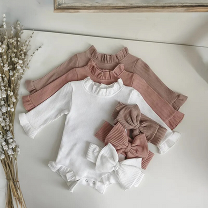 2pc Ribbed Baby Romper Headband Set -Neutral Cotton - EllaLaine